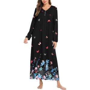 Ekouaer Women’s Long Sleeve Nightgown Full Length Sleepwear Long Sleepshirts Henley Sleep Dress S-4XL(Black Butterfly)