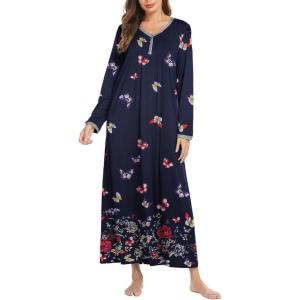 Ekouaer Women’s Long Sleeve Nightgown Full Length Sleepwear Long Sleepshirts Henley Sleep Dress S-4XL(C_black Butterfly)