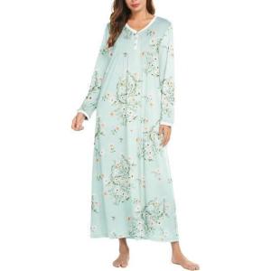 Ekouaer Women’s Long Sleeve Nightgown Full Length Sleepwear Long Sleepshirts Henley Sleep Dress S-4XL(Green Daisy)