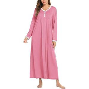 Ekouaer Women’s Long Sleeve Nightgown Full Length Sleepwear Long Sleepshirts Henley Sleep Dress S-4XL(Pink)