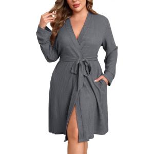 Ekouaer Women’s Plus Size Robe Waffle Knit Bathrobe Short Lightweight Kimono Robes with Pockets Maternity Robe 1x-5x(Dark Grey)