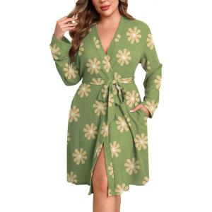 Ekouaer Women’s Plus Size Robe Waffle Knit Bathrobe Short Lightweight Kimono Robes with Pockets Maternity Robe 1x-5x(Green Floral)