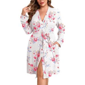 Ekouaer Women’s Plus Size Robe Waffle Knit Bathrobe Short Lightweight Kimono Robes with Pockets Maternity Robe 1x-5x(White Floral)