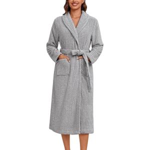 Ekouaer Women’s Robe Long Plush Soft Bathrobe Cozy Warm Robes Shawl Collar Sleepwear with Pockets(Deep Gray)