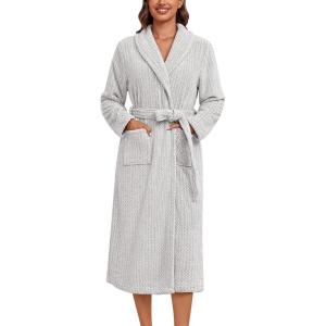 Ekouaer Women’s Robe Long Plush Soft Bathrobe Cozy Warm Robes Shawl Collar Sleepwear with Pockets(Light Gray)