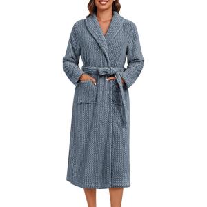 Ekouaer Women’s Robe Long Plush Soft Bathrobe Cozy Warm Robes Shawl Collar Sleepwear with Pockets(Navy)