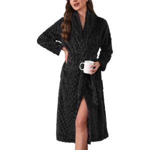 Ekouaer Women’s Robe Long Plush Soft Bathrobe Jacquard Color Block Robes Shawl Collar Sleepwear with Pockets S-XXL(Black)
