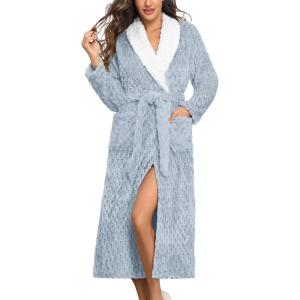 Ekouaer Women’s Robe Long Plush Soft Bathrobe Jacquard Color Block Robes Shawl Collar Sleepwear with Pockets S-XXL(Light Blue)
