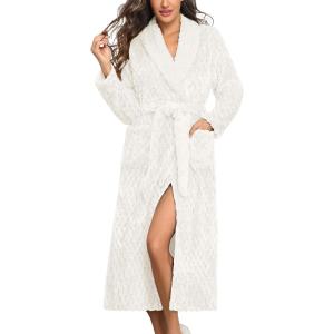 Ekouaer Women’s Robe Long Plush Soft Bathrobe Jacquard Color Block Robes Shawl Collar Sleepwear with Pockets S-XXL(White)