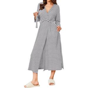 Ekouaer Women’s Robe Long Waffle Knit Bathrobe Lightweight Soft Kimono Robes Loungewear S-XXL(Black Stripe)