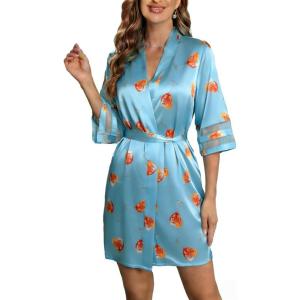 Ekouaer Women’s Satin Robe Silk Kimono Bathrobe Bridesmaid Wedding Bridal Party Robes 3/4 Bell Sleeve Sleepwear S-XXL(Light Blue – Juice)
