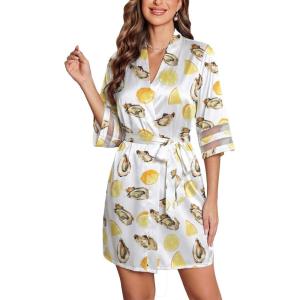 Ekouaer Women’s Satin Robe Silk Kimono Bathrobe Bridesmaid Wedding Bridal Party Robes 3/4 Bell Sleeve Sleepwear S-XXL(Oyster Lemon)