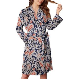 Ekouaer Women’s Velour Bathrobe – Knee Length, Warm, Plush, Long Sleeve Lounge Robe(Navy Blue Paisley)