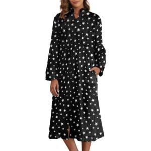 Ekouaer Women’s Zip Up Robe Fleece Bathrobe Long Zipper Lounger Warm Housecoat Long Sleeve Nightgown with Pockets S-XXL(Black Stars)
