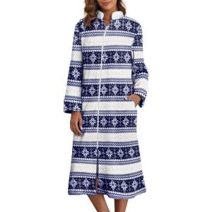 Ekouaer Women’s Zip Up Robe Fleece Bathrobe Long Zipper Lounger Warm Housecoat Long Sleeve Nightgown with Pockets S-XXL(Blue Snowflake)