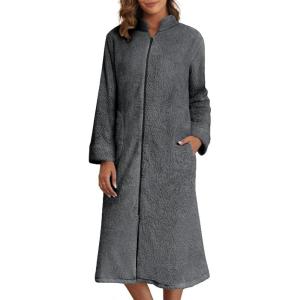 Ekouaer Women’s Zip Up Robe Fleece Bathrobe Long Zipper Lounger Warm Housecoat Long Sleeve Nightgown with Pockets S-XXL(Deep Grey)