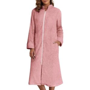 Ekouaer Women’s Zip Up Robe Fleece Bathrobe Long Zipper Lounger Warm Housecoat Long Sleeve Nightgown with Pockets S-XXL(Gray Pink)