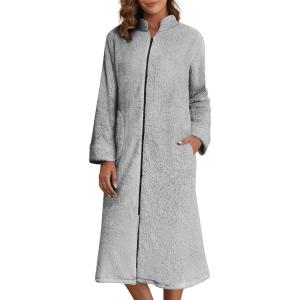 Ekouaer Women’s Zip Up Robe Fleece Bathrobe Long Zipper Lounger Warm Housecoat Long Sleeve Nightgown with Pockets S-XXL(Grey)