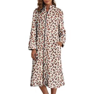 Ekouaer Women’s Zip Up Robe Fleece Bathrobe Long Zipper Lounger Warm Housecoat Long Sleeve Nightgown with Pockets S-XXL(Leopard)
