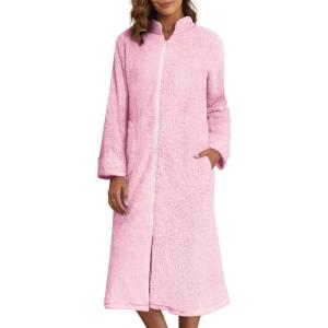 Ekouaer Women’s Zip Up Robe Fleece Bathrobe Long Zipper Lounger Warm Housecoat Long Sleeve Nightgown with Pockets S-XXL(Light Pink)