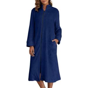 Ekouaer Women’s Zip Up Robe Fleece Bathrobe Long Zipper Lounger Warm Housecoat Long Sleeve Nightgown with Pockets S-XXL(Navy)