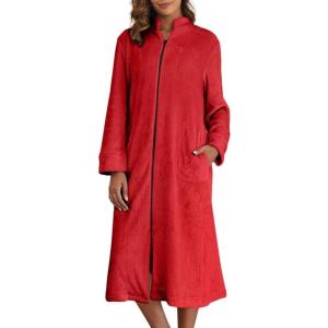 Ekouaer Women’s Zip Up Robe Fleece Bathrobe Long Zipper Lounger Warm Housecoat Long Sleeve Nightgown with Pockets S-XXL(Red)