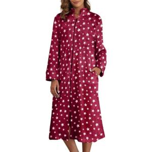 Ekouaer Women’s Zip Up Robe Fleece Bathrobe Long Zipper Lounger Warm Housecoat Long Sleeve Nightgown with Pockets S-XXL(Red Stars)