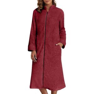 Ekouaer Women’s Zip Up Robe Fleece Bathrobe Long Zipper Lounger Warm Housecoat Long Sleeve Nightgown with Pockets S-XXL(Wine Red)