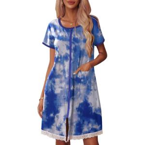 Ekouaer Womens Zipper Front Housecoats Short Sleeve Bathrobes Lace Trim Nightgown with Pockets(Blue White Tie Dye)