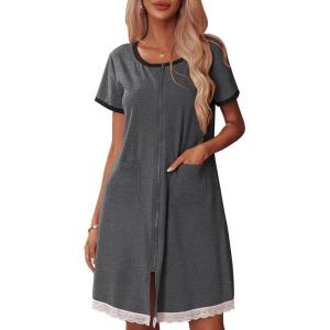 Ekouaer Womens Zipper Front Housecoats Short Sleeve Bathrobes Lace Trim Nightgown with Pockets(Dark Gray)