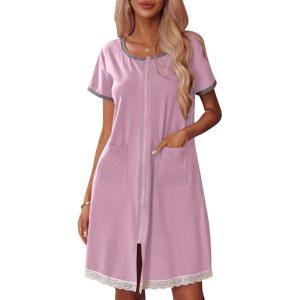 Ekouaer Womens Zipper Front Housecoats Short Sleeve Bathrobes Lace Trim Nightgown with Pockets(Lavender)