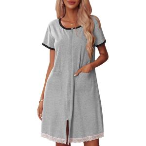 Ekouaer Womens Zipper Front Housecoats Short Sleeve Bathrobes Lace Trim Nightgown with Pockets(Light Gray)