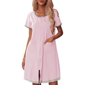 Ekouaer Womens Zipper Front Housecoats Short Sleeve Bathrobes Lace Trim Nightgown with Pockets(Misty Rose)