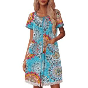 Ekouaer Womens Zipper Front Housecoats Short Sleeve Bathrobes Lace Trim Nightgown with Pockets(Mix Blue)