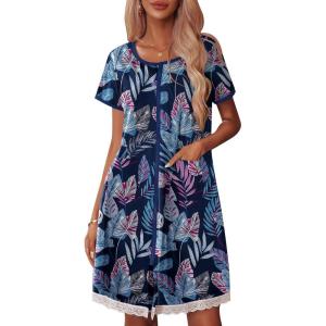 Ekouaer Womens Zipper Front Housecoats Short Sleeve Bathrobes Lace Trim Nightgown with Pockets(Navy Leaf)