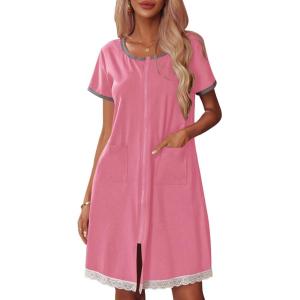 Ekouaer Womens Zipper Front Housecoats Short Sleeve Bathrobes Lace Trim Nightgown with Pockets(Pink)