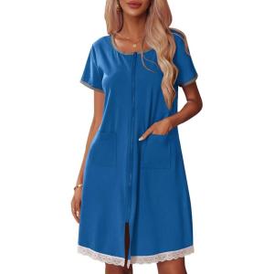 Ekouaer Womens Zipper Front Housecoats Short Sleeve Bathrobes Lace Trim Nightgown with Pockets(Royal Blue)