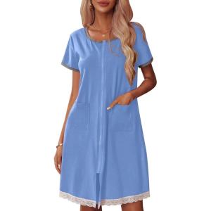 Ekouaer Womens Zipper Front Housecoats Short Sleeve Bathrobes Lace Trim Nightgown with Pockets(Sky Blue)