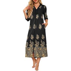 Ekouaer Women’s Zipper Robe 3/4 Sleeves Housecoat Full Length Nightgown Soft Loungewear Robe with Pockets S-3XL(Black Ethnic Pattern)