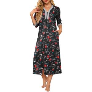 Ekouaer Women’s Zipper Robe 3/4 Sleeves Housecoat Full Length Nightgown Soft Loungewear Robe with Pockets S-3XL(Black Floral)