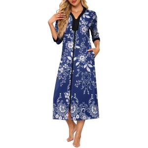 Ekouaer Women’s Zipper Robe 3/4 Sleeves Housecoat Full Length Nightgown Soft Loungewear Robe with Pockets S-3XL(Blue Ethnic Floral)