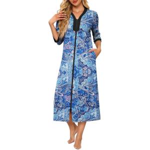 Ekouaer Women’s Zipper Robe 3/4 Sleeves Housecoat Full Length Nightgown Soft Loungewear Robe with Pockets S-3XL(Blue Paisley)