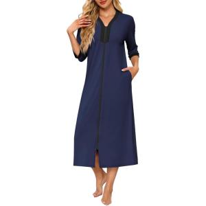 Ekouaer Women’s Zipper Robe 3/4 Sleeves Housecoat Full Length Nightgown Soft Loungewear Robe with Pockets S-3XL(Navy Blue)