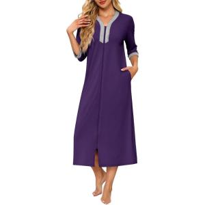 Ekouaer Women’s Zipper Robe 3/4 Sleeves Housecoat Full Length Nightgown Soft Loungewear Robe with Pockets S-3XL(Purple)