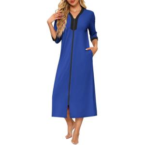 Ekouaer Women’s Zipper Robe 3/4 Sleeves Housecoat Full Length Nightgown Soft Loungewear Robe with Pockets S-3XL(Royal Blue)