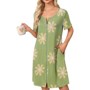 Ekouaer Womens’ Zipper Robe Short Sleeve Bathrobes Summer Sleepwear Soft Housecoat with Pockets Zip Up House Robes S-3XL(Floral Green)