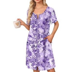 Ekouaer Womens’ Zipper Robe Short Sleeve Bathrobes Summer Sleepwear Soft Housecoat with Pockets Zip Up House Robes S-3XL(Floral Purple)