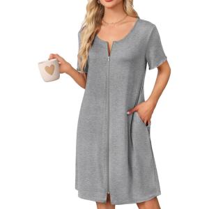 Ekouaer Womens’ Zipper Robe Short Sleeve Bathrobes Summer Sleepwear Soft Housecoat with Pockets Zip Up House Robes S-3XL(Medium Gray)