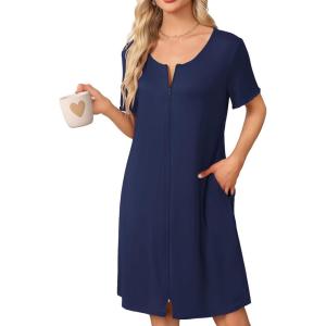 Ekouaer Womens’ Zipper Robe Short Sleeve Bathrobes Summer Sleepwear Soft Housecoat with Pockets Zip Up House Robes S-3XL(Navy Blue)