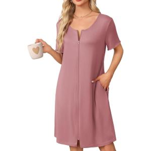 Ekouaer Womens’ Zipper Robe Short Sleeve Bathrobes Summer Sleepwear Soft Housecoat with Pockets Zip Up House Robes S-3XL(Purplish Red)